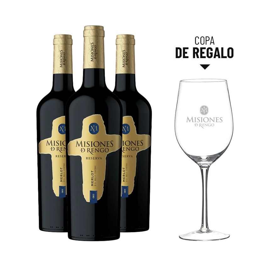 3 Vinos Misiones De Rengo Reserva Merlot 750cc + 1 Copa Misiones De Rengo